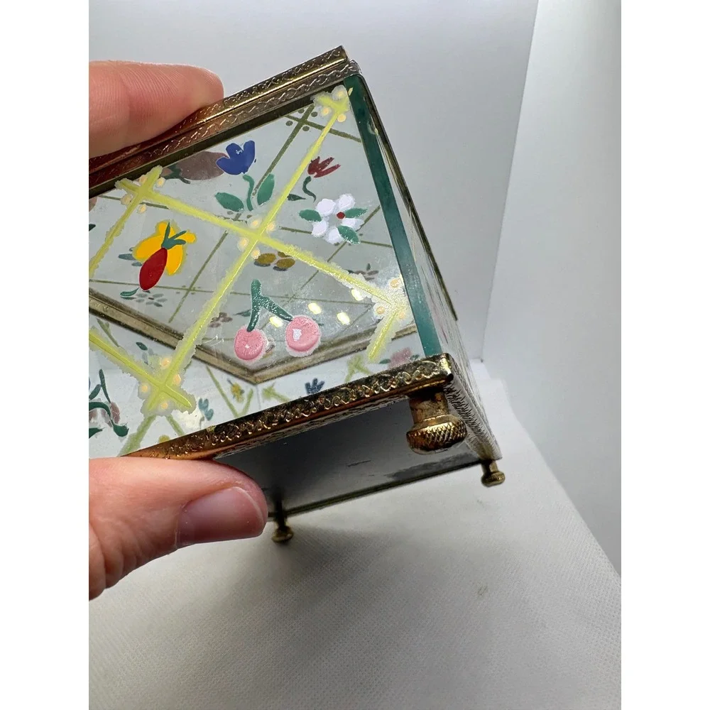 Vintage Hand Painted Glass Jewelry Box Floral Fruit Lattice Brass Trim Mirrored
